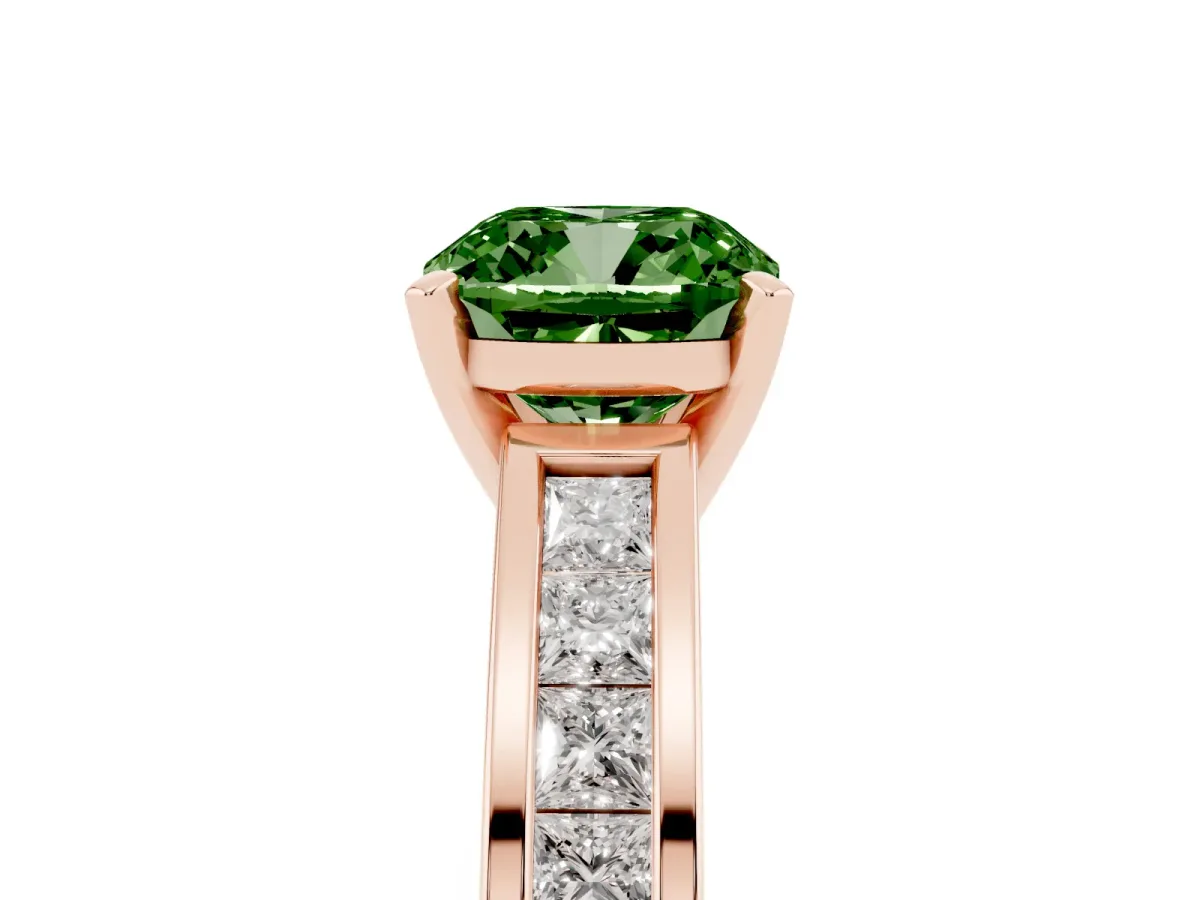 Fancy Green Cushion Cut Solitaire Diamond Ring with Channel-Set Band and Four-Prong Setting Rose gold