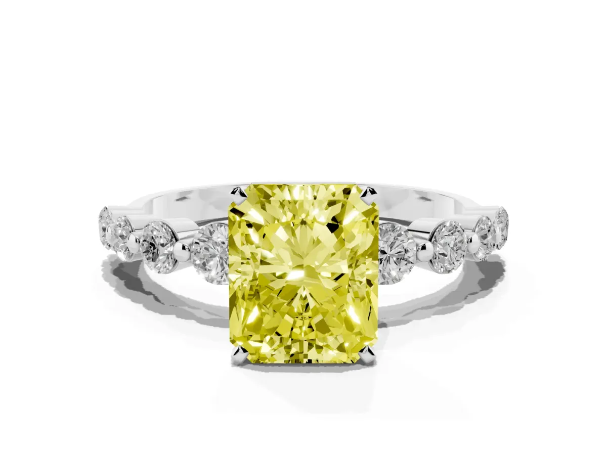 Fancy Yellow Radiant Cut Solitaire Diamond Ring with Pave Band and Four-Prong Setting Silver