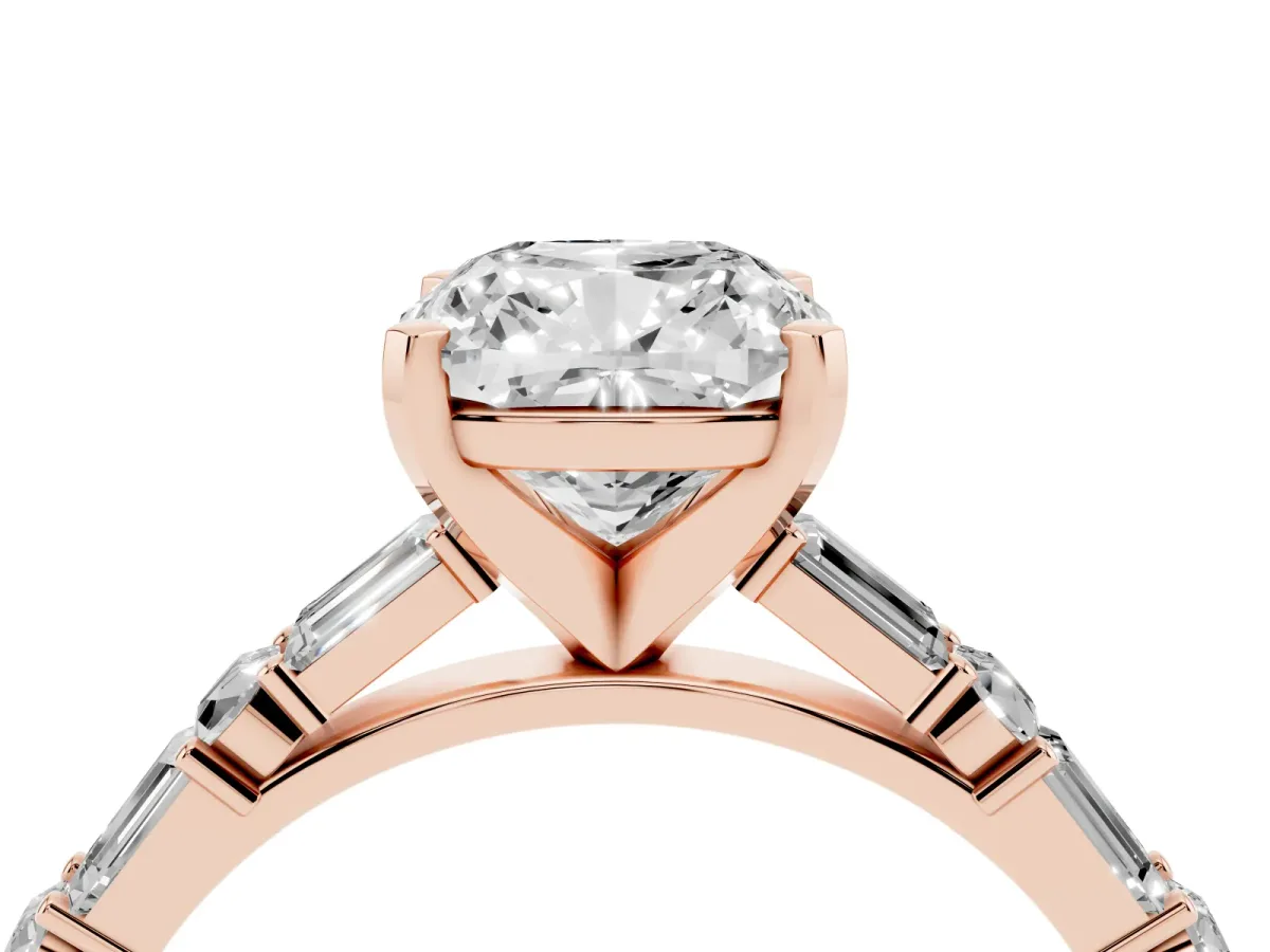 Cushion Cut Diamond Solitaire with Side Baguettes and Channel Set Band Rose gold