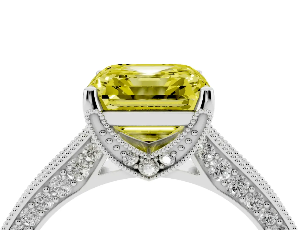 Fancy Yellow Asscher Cut Cut Diamond Solitaire Ring with Milgrain Pave Band and Four Prong Setting Silver