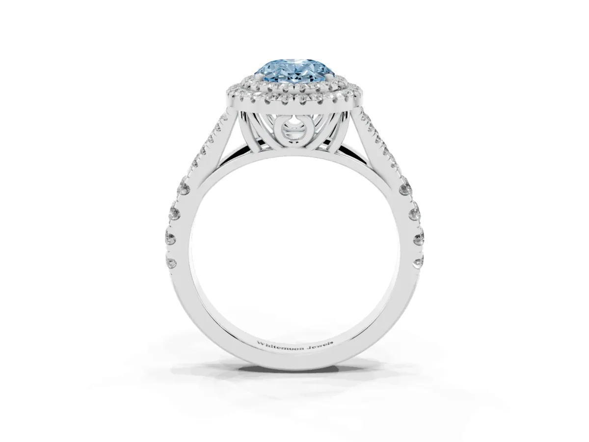 Fancy Blue Double Halo Oval Cut Diamond Split Shank Engagement Ring with Four-Prong Setting Silver