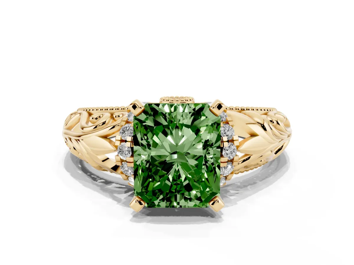 Fancy Green Radiant Cut Solitaire Filigree Engagement Ring with Halo and Prong Setting Yellow gold