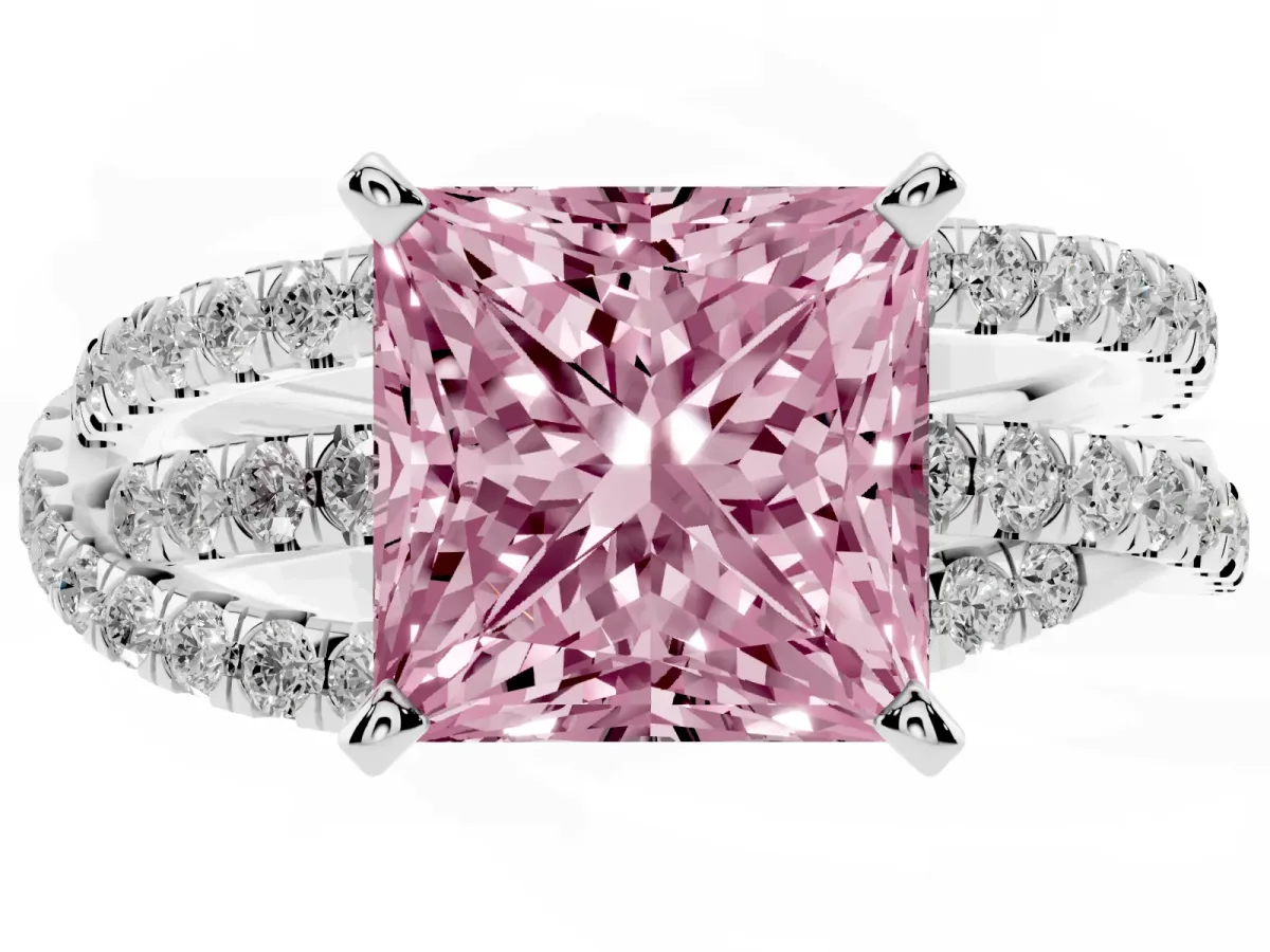Fancy Pink Princess Cut Solitaire Twist Band with Pavé Setting and Four-Prong Setting Platinum