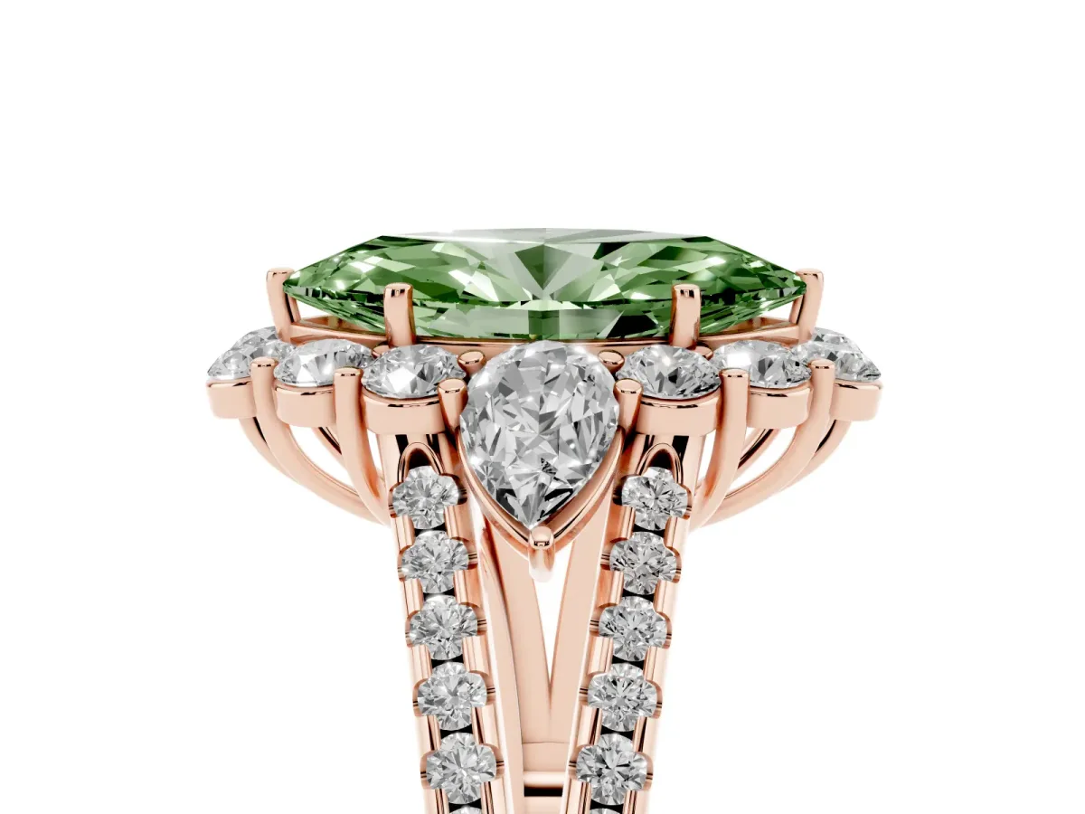 Fancy Green Marquise Cut Halo Split Shank Diamond Engagement Ring with Prong Setting Rose gold