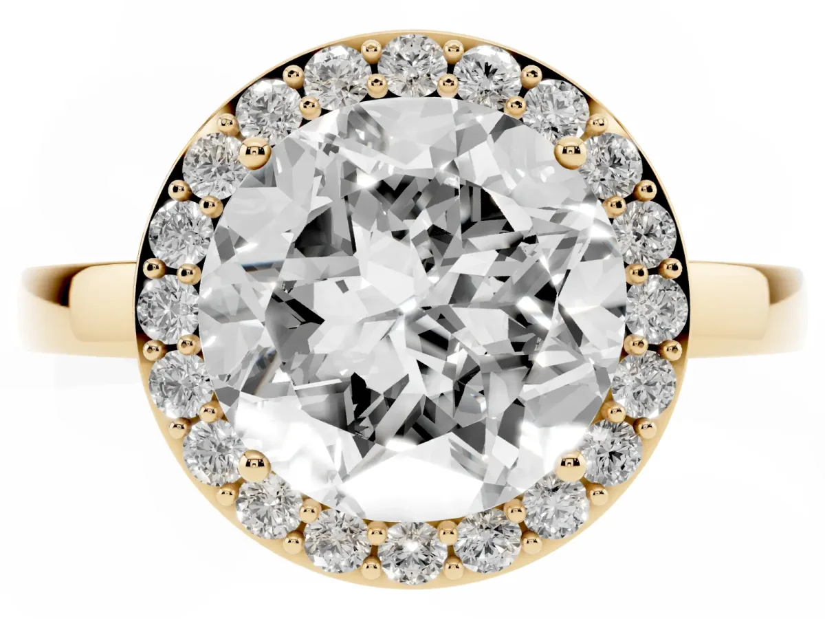Round Cut Halo Diamond Ring with Solitaire Band and Prong Setting Yellow gold