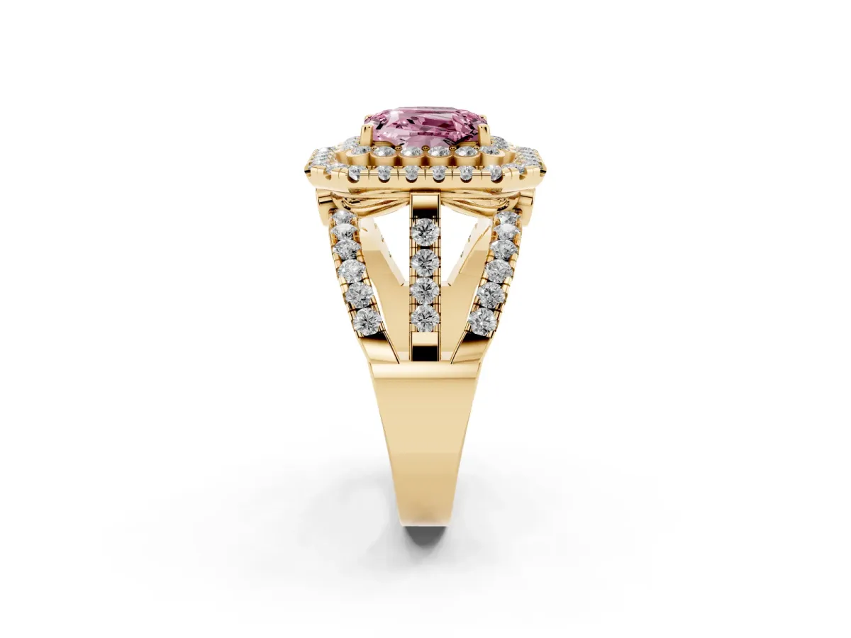 Fancy Pink Emerald Cut Diamond Double Halo Ring with Round Pavé Split Shank and Prong Setting Yellow gold