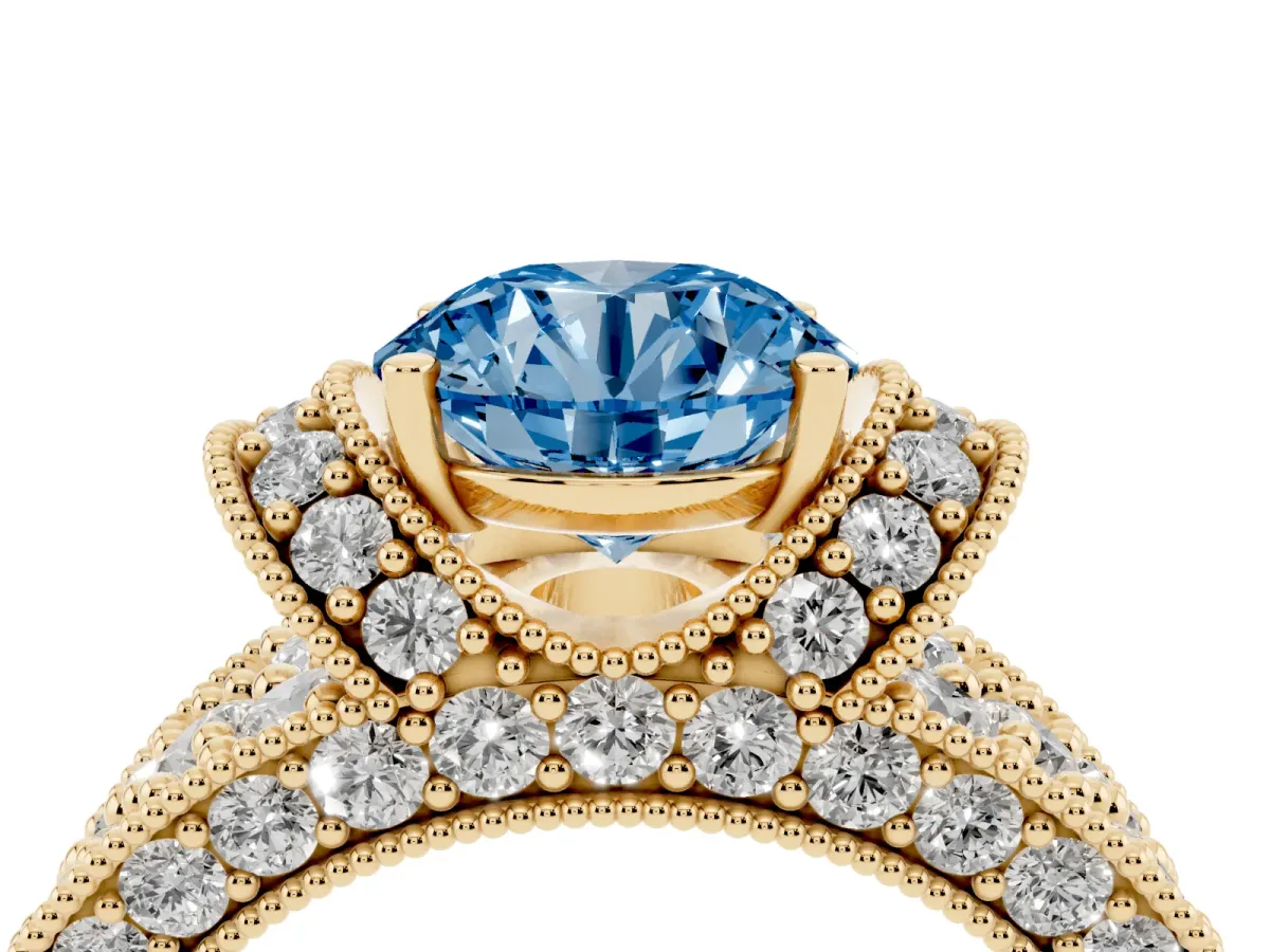 Fancy Blue Round Cut Halo Pave Diamond Engagement Ring with Milgrain Detailing Yellow gold