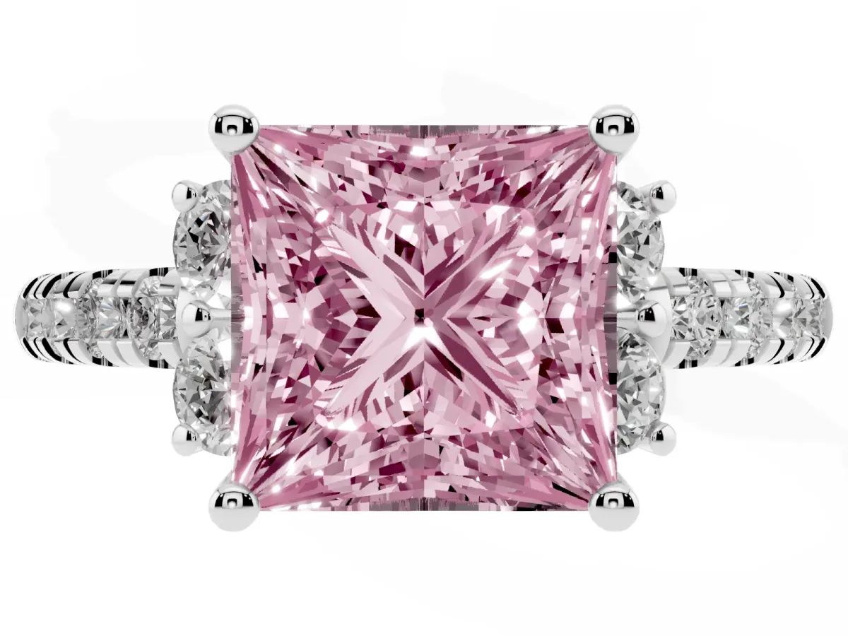Fancy Pink Princess Cut Diamond Three-Stone Pave Band with Four-Prong Setting Silver