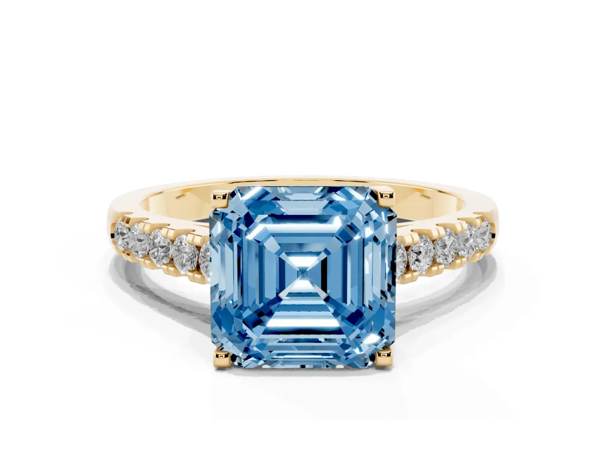 Fancy Blue Asscher Cut Diamond Pavé Band Solitaire Ring with Prong Setting Yellow gold