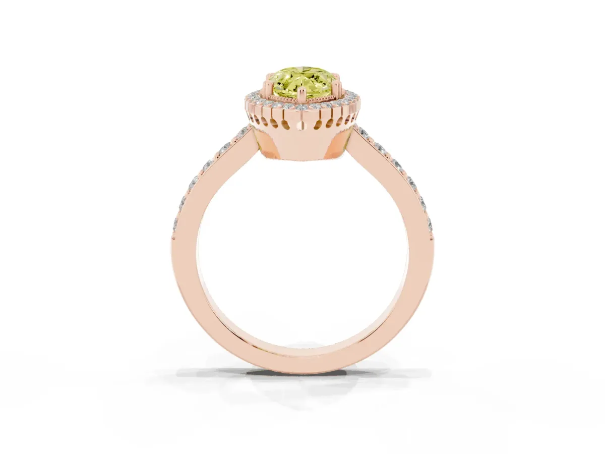 Fancy Yellow Marquise Cut Cut Diamond Halo Engagement Ring with Milgrain Detail and Pavé Band Rose gold