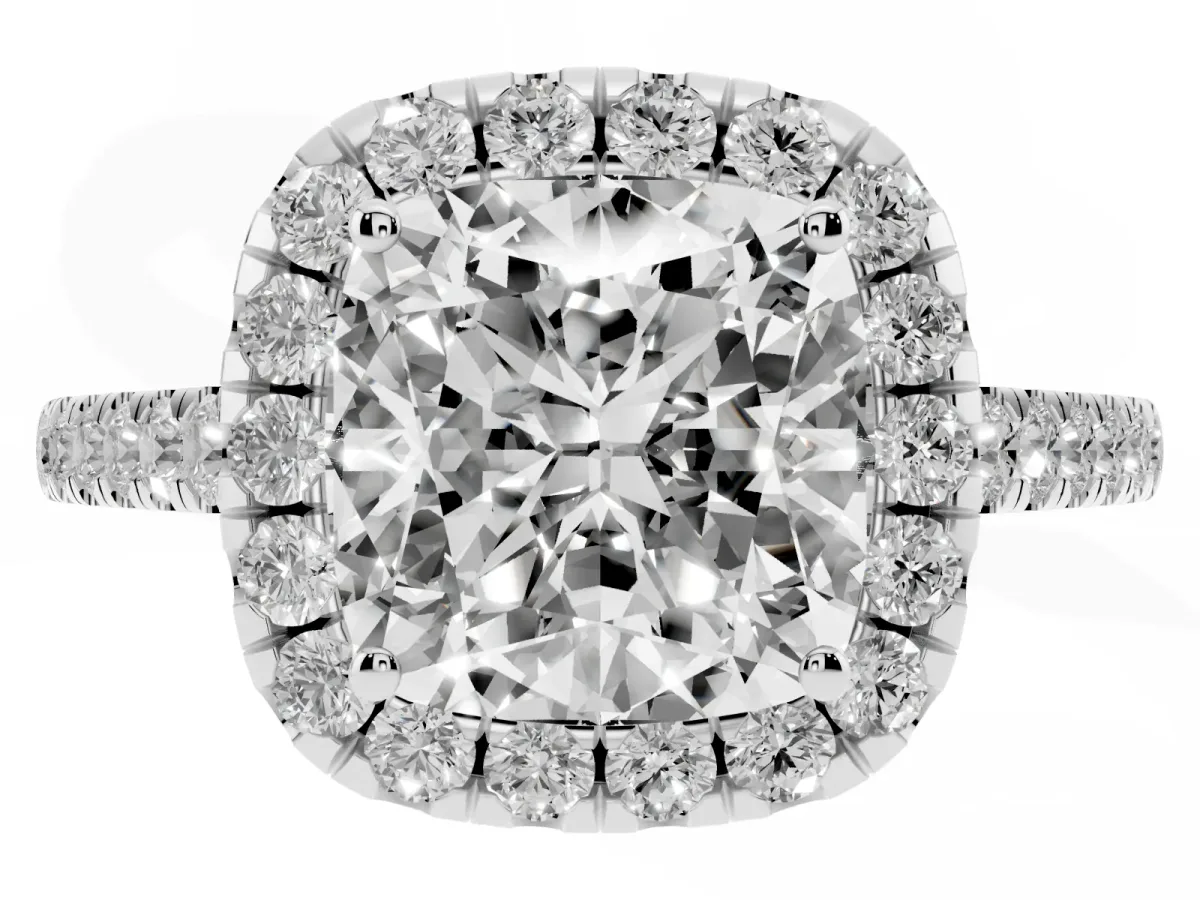 Cushion Cut Halo Pave Diamond Engagement Ring with Four-Prong Setting Silver