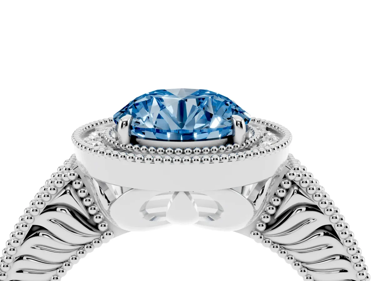 Fancy Blue Round Cut Cut Halo Diamond Ring with Pavé Band and Four-Prong Setting Silver
