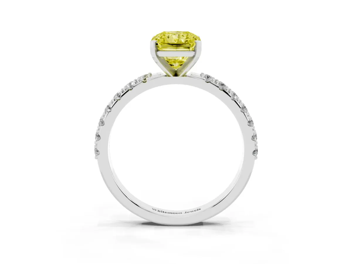 Fancy Yellow Radiant Cut Diamond Solitaire Pavé Band with Four-Prong Setting Silver