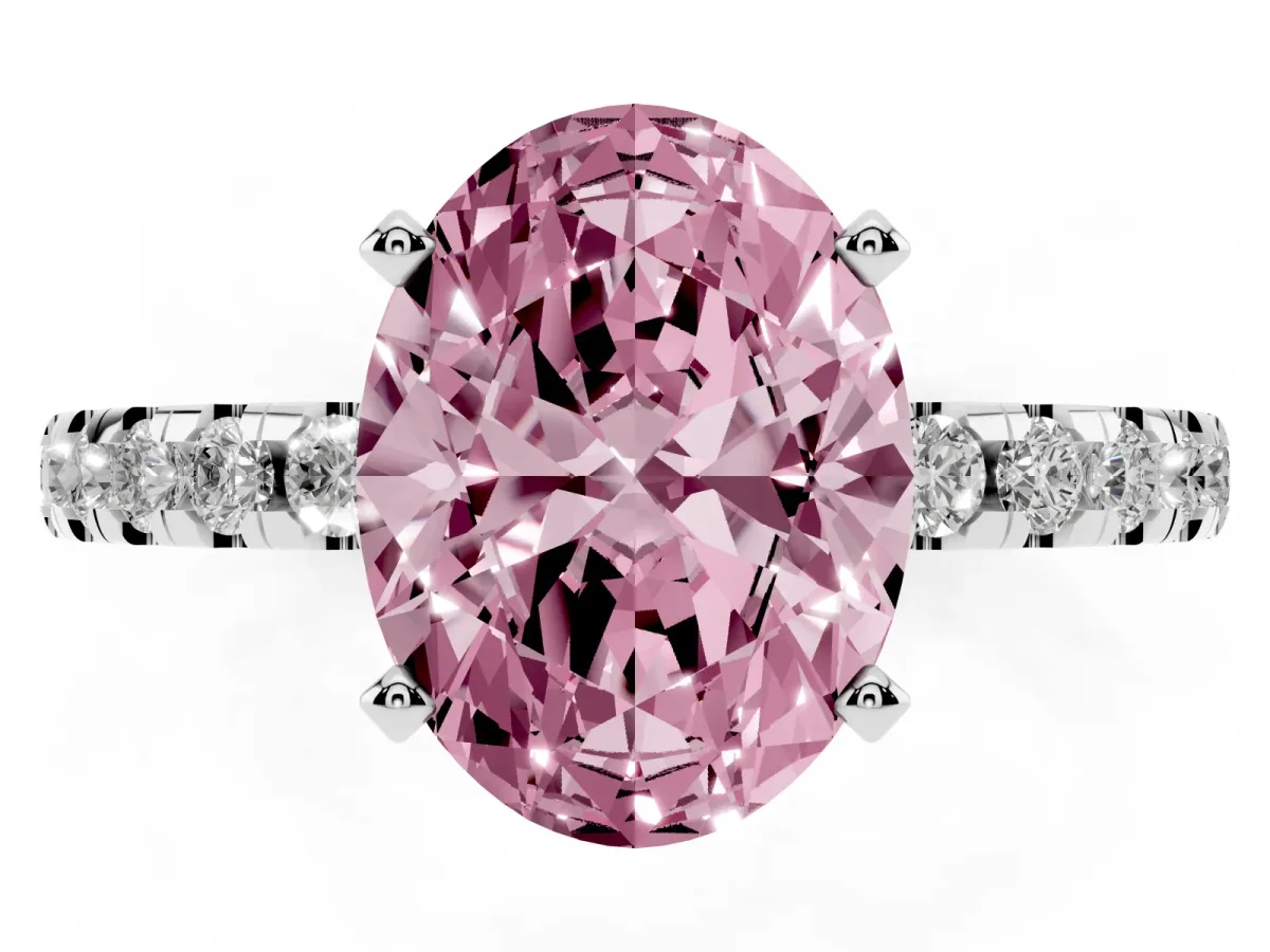 Fancy Pink Oval Cut Diamond Solitaire Ring with Round Pavé Band and Four-Prong Setting Silver