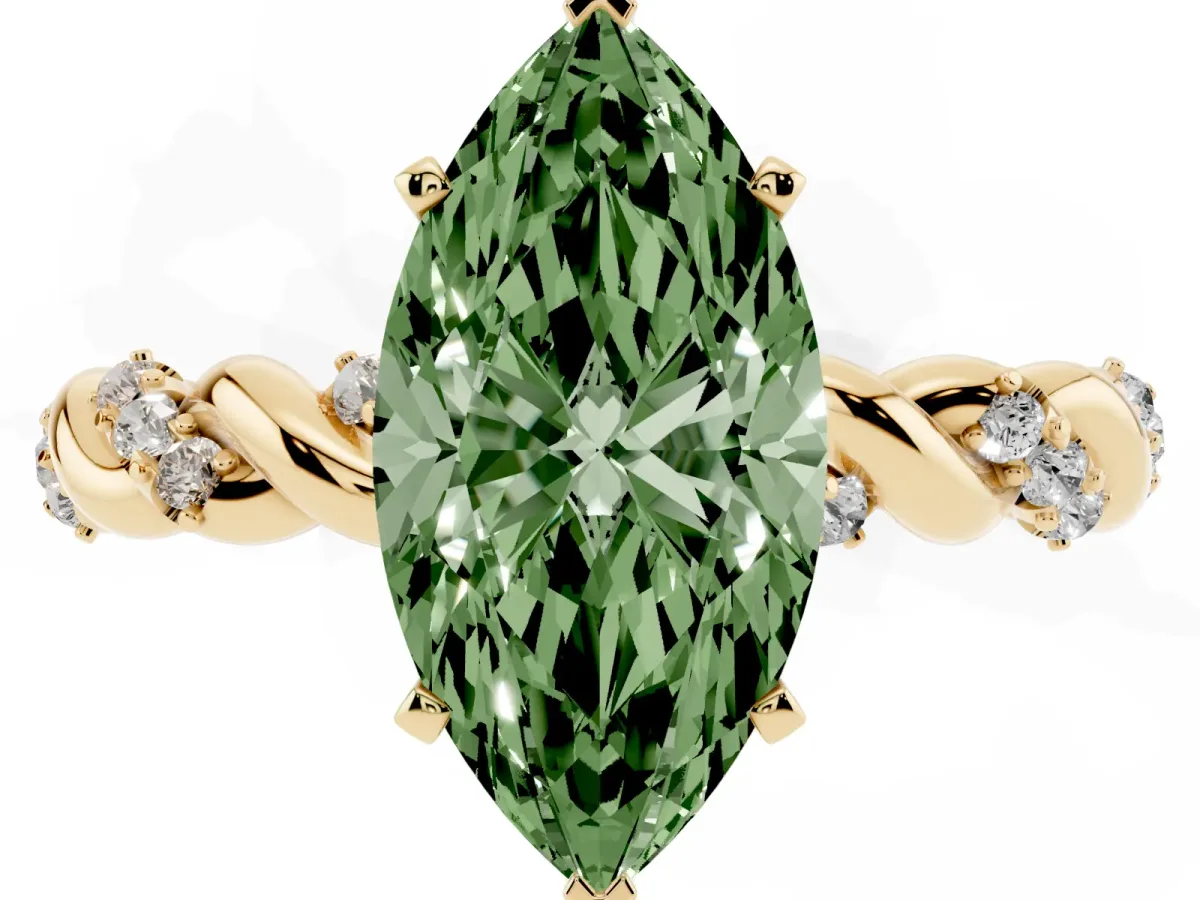 Fancy Green Marquise Cut Diamond Solitaire Ring with Twisted Band and Pavé Accents Yellow gold