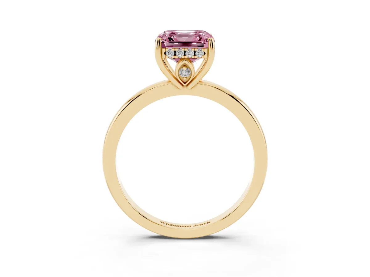 Fancy Pink Asscher Cut Solitaire Diamond Ring with Prong Setting and Plain Band Yellow gold