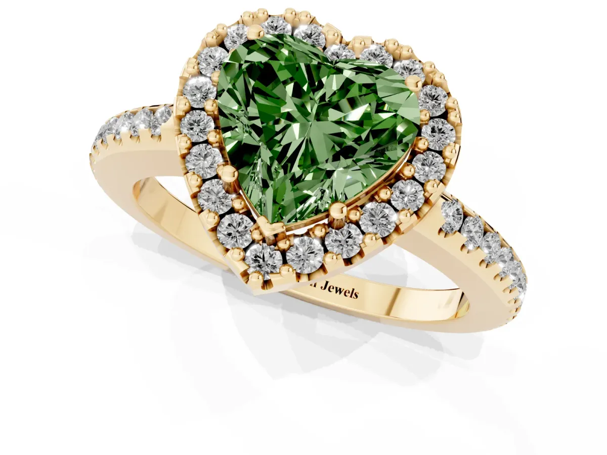 Fancy Green Heart Cut Diamond Pavé Halo Ring with Four-Prong Setting Yellow gold