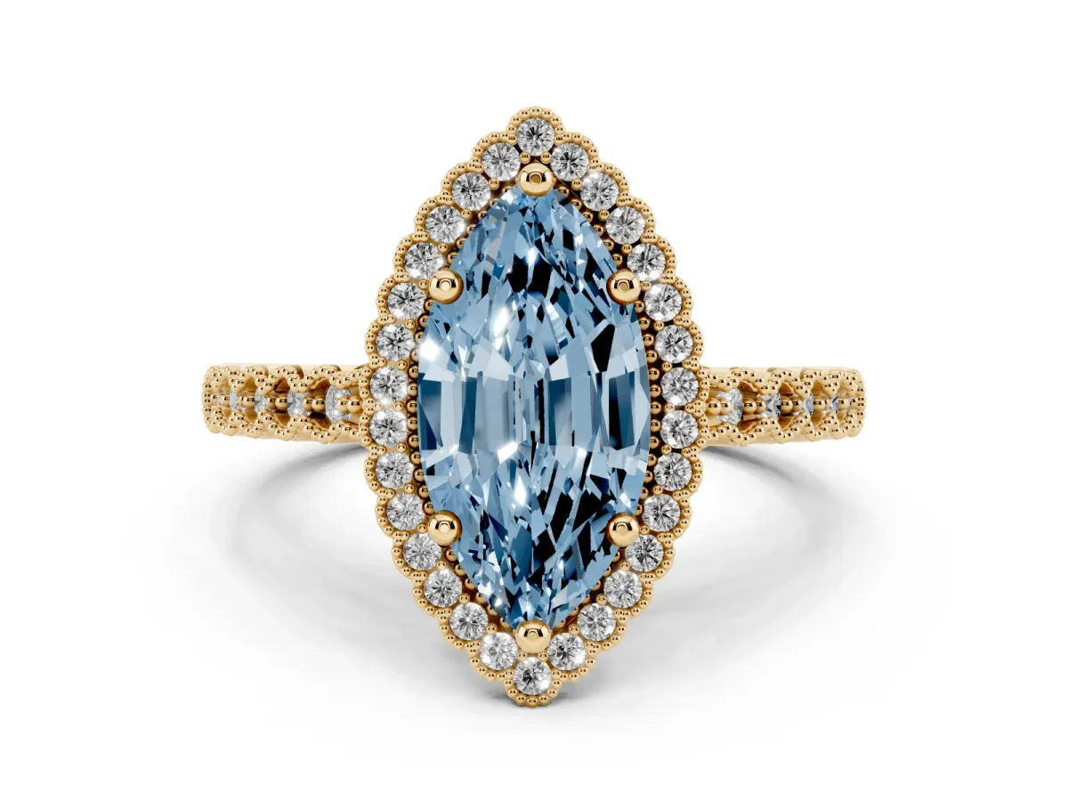 Fancy Blue Marquise Cut Cut Halo Pavé Solitaire Ring with Milgrain Band Yellow gold