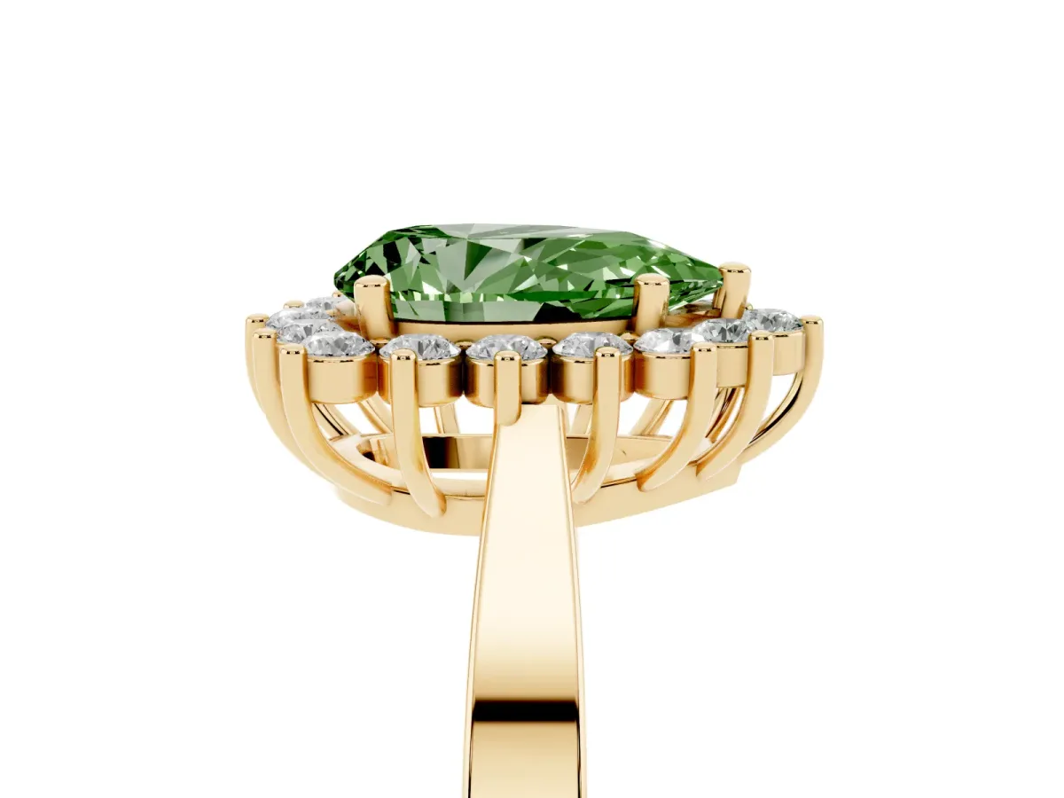Fancy Green Pear Cut Cut Diamond Halo Ring with Round Brilliant Halo and Solitaire Band Yellow gold