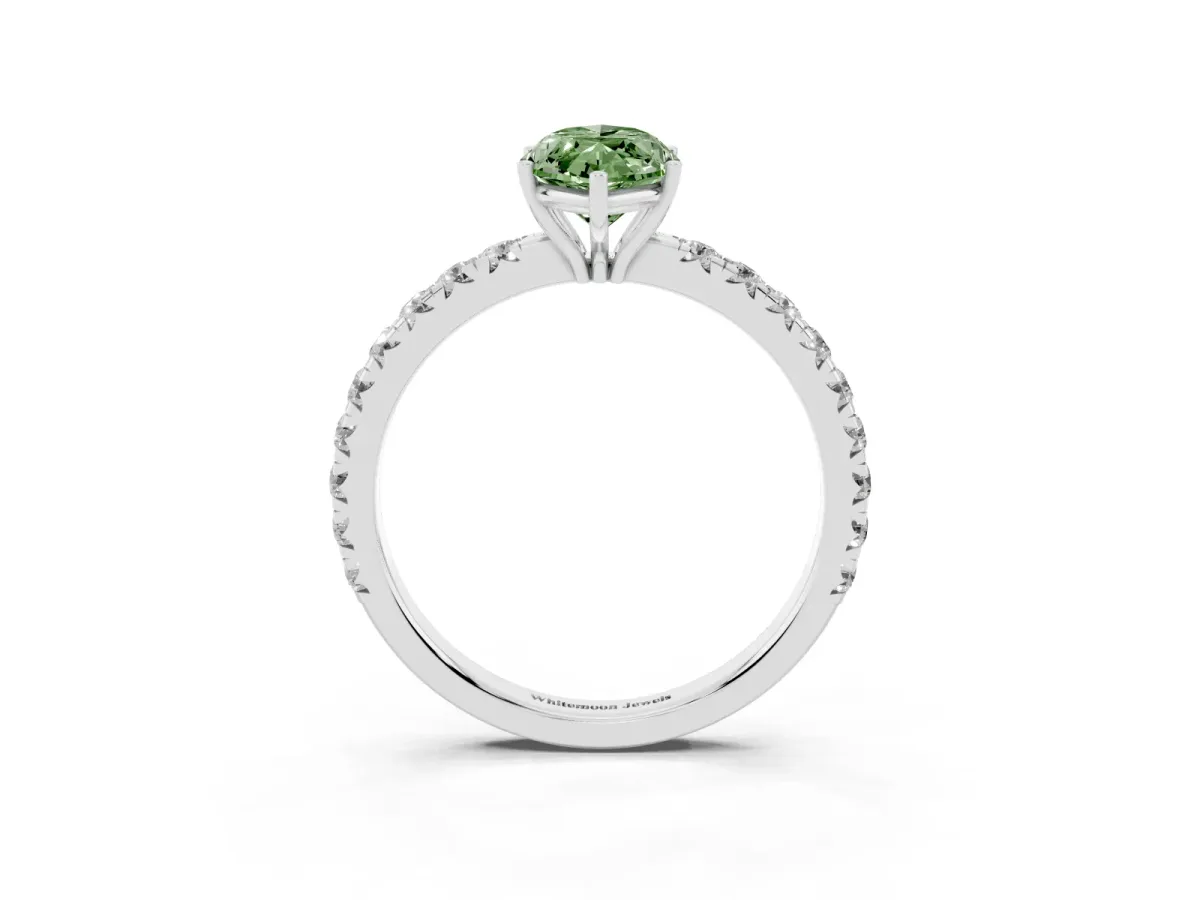 Fancy Green Marquise Cut Diamond Pavé Solitaire Engagement Ring with Four-Prong Setting Silver