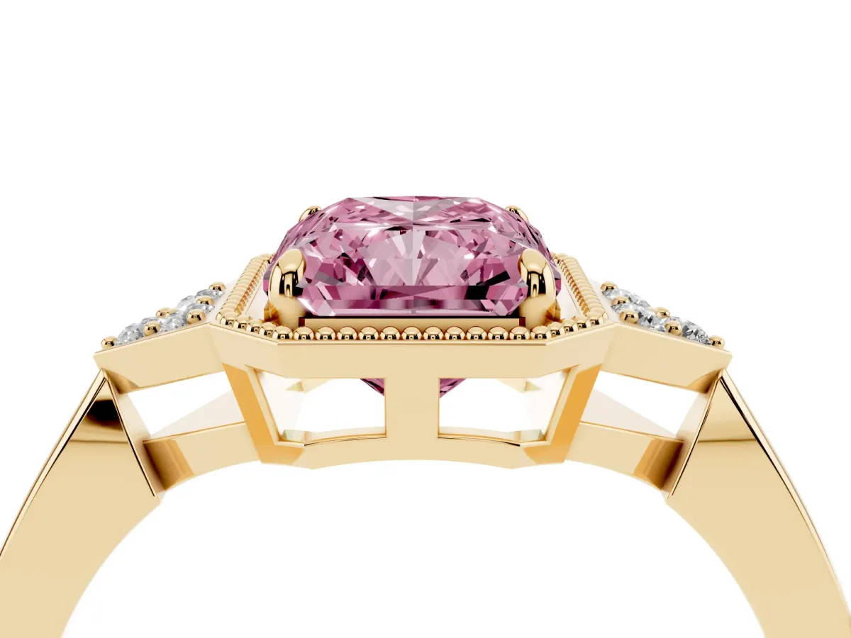 Fancy Pink Hexagonal Halo Radiant Cut Diamond Solitaire with Pavé Band and Four-Prong Setting Yellow gold