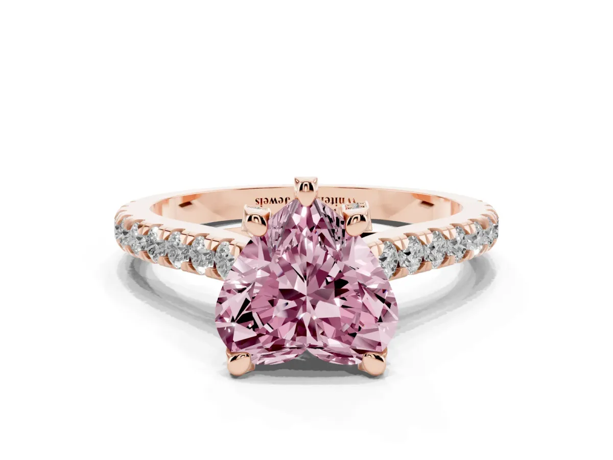 Fancy Pink Heart Cut Brilliant Diamond Solitaire with Pavé Band and Four-Prong Setting Rose gold