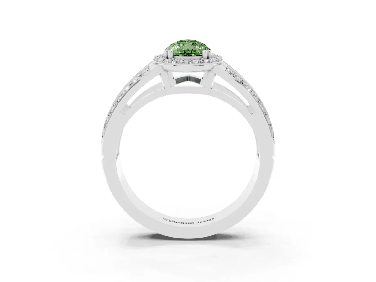 Fancy Green Pear Cut Diamond Halo Ring with Split Shank Pavé Band and Four-Prong Setting Platinum