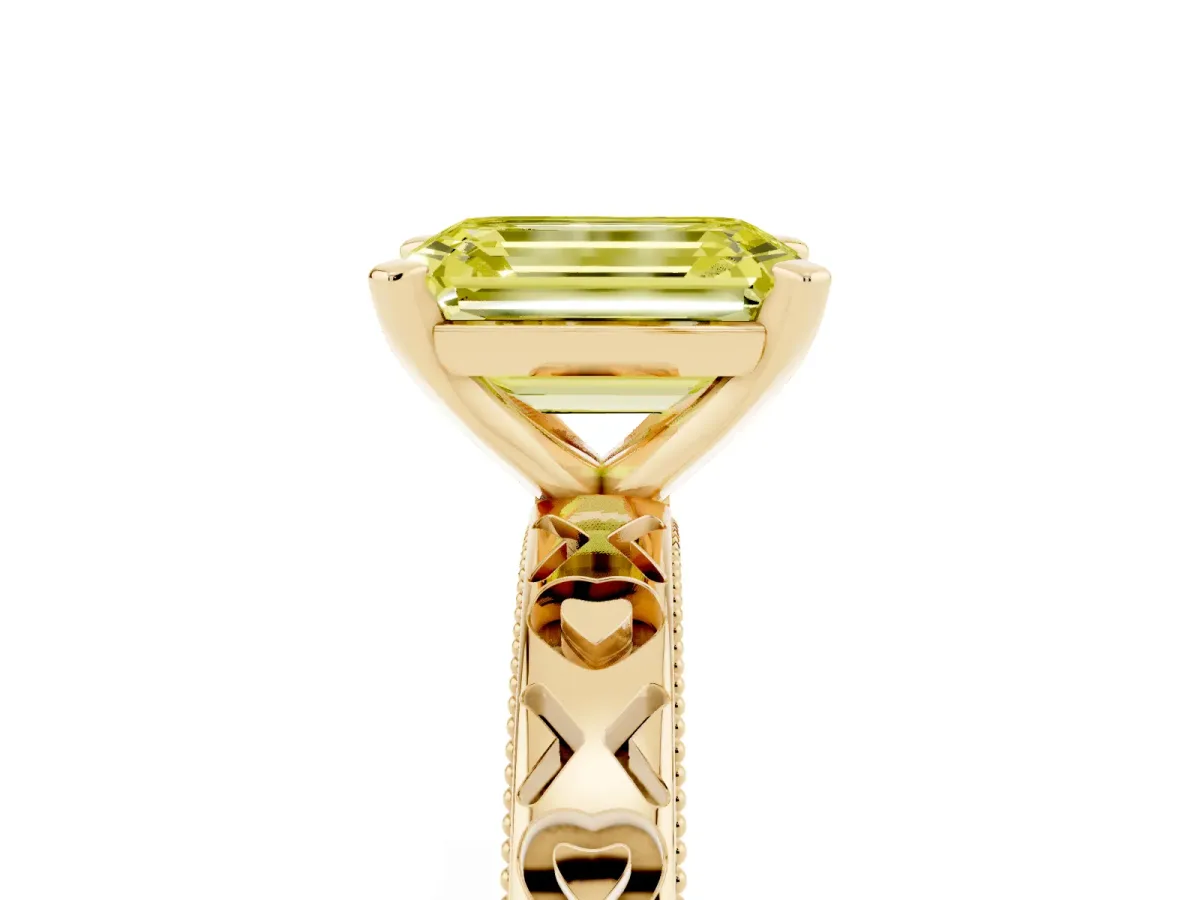 Fancy Yellow Emerald Cut Solitaire Diamond Engagement Ring with XO Engraved Band and Four-Prong Setting Yellow gold