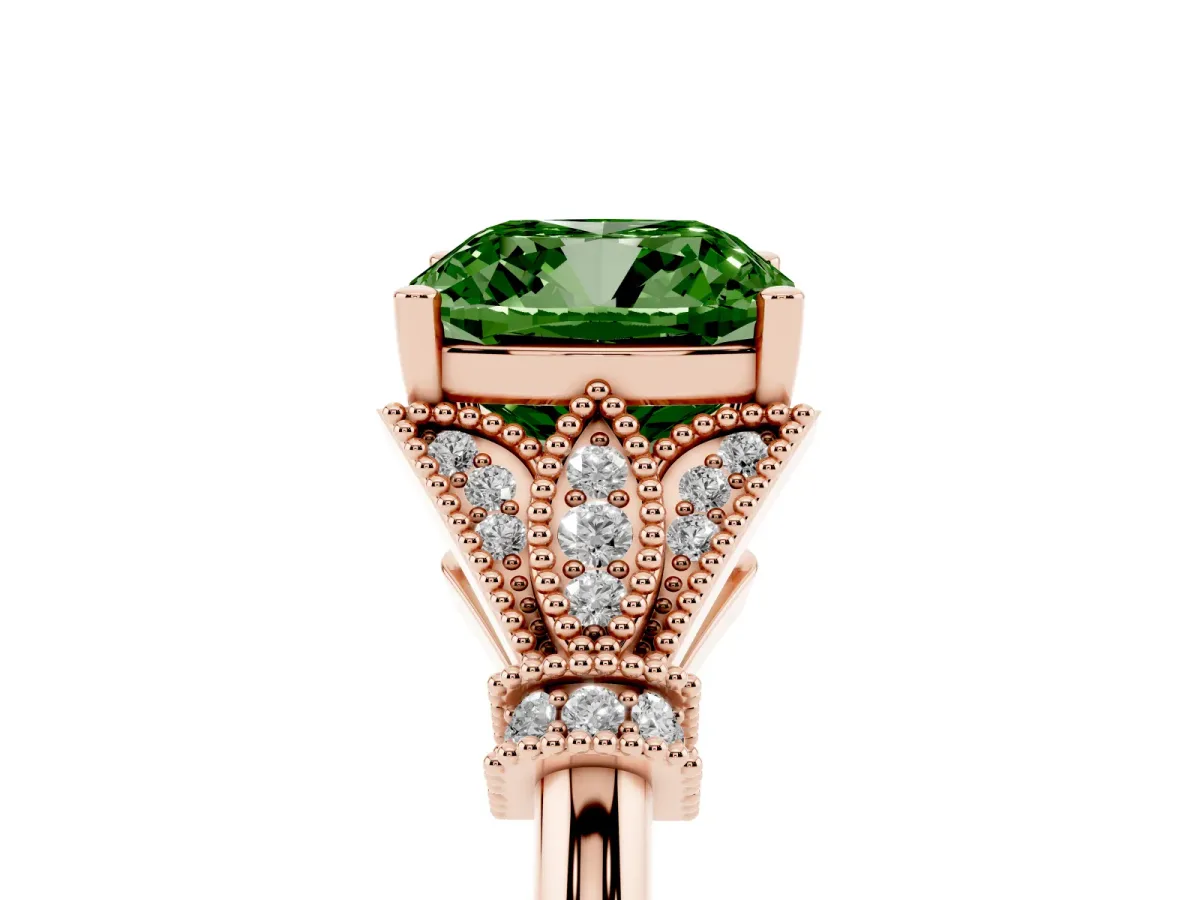Fancy Green Cushion Cut Diamond Solitaire Ring with Floral Filigree and Pave Accents Rose gold