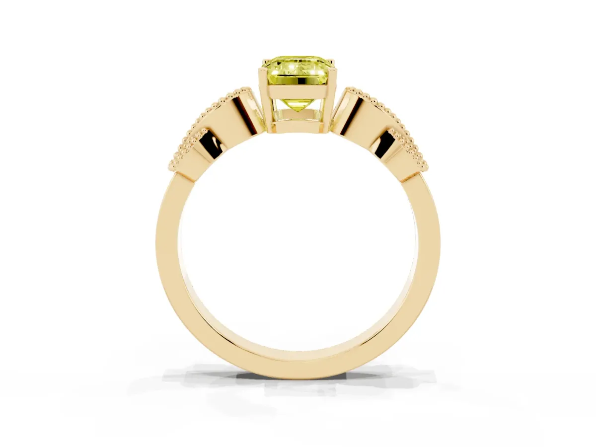 Fancy Yellow Emerald Cut Solitaire Milgrain Leaf Band with Prong Setting Yellow gold