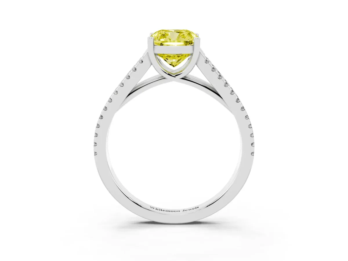 Fancy Yellow Cushion Cut Diamond Solitaire Engagement Ring with Split Shank Pavé Band Silver