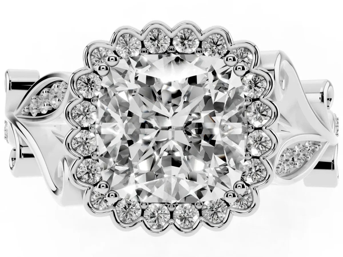 Cushion Cut Diamond Halo Ring with Vintage Split Shank and Four-Prong Setting Silver