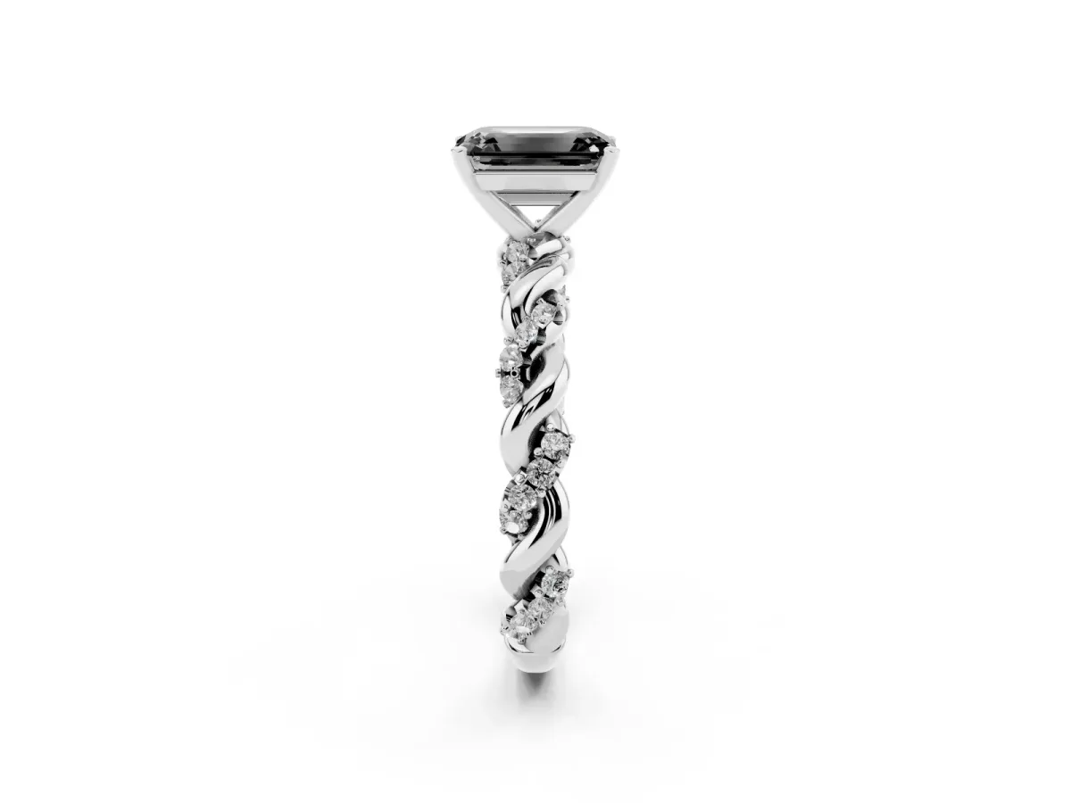 Fancy Black Emerald Cut Diamond Solitaire Ring with Twisted Band and Pavé Accents Platinum