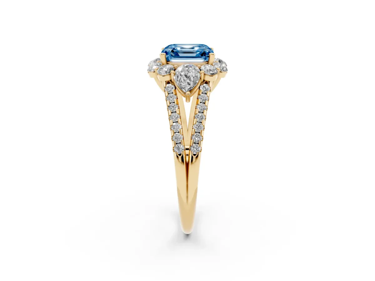 Fancy Blue Asscher Cut Halo Split Shank Diamond Engagement Ring with Prong Setting Yellow gold