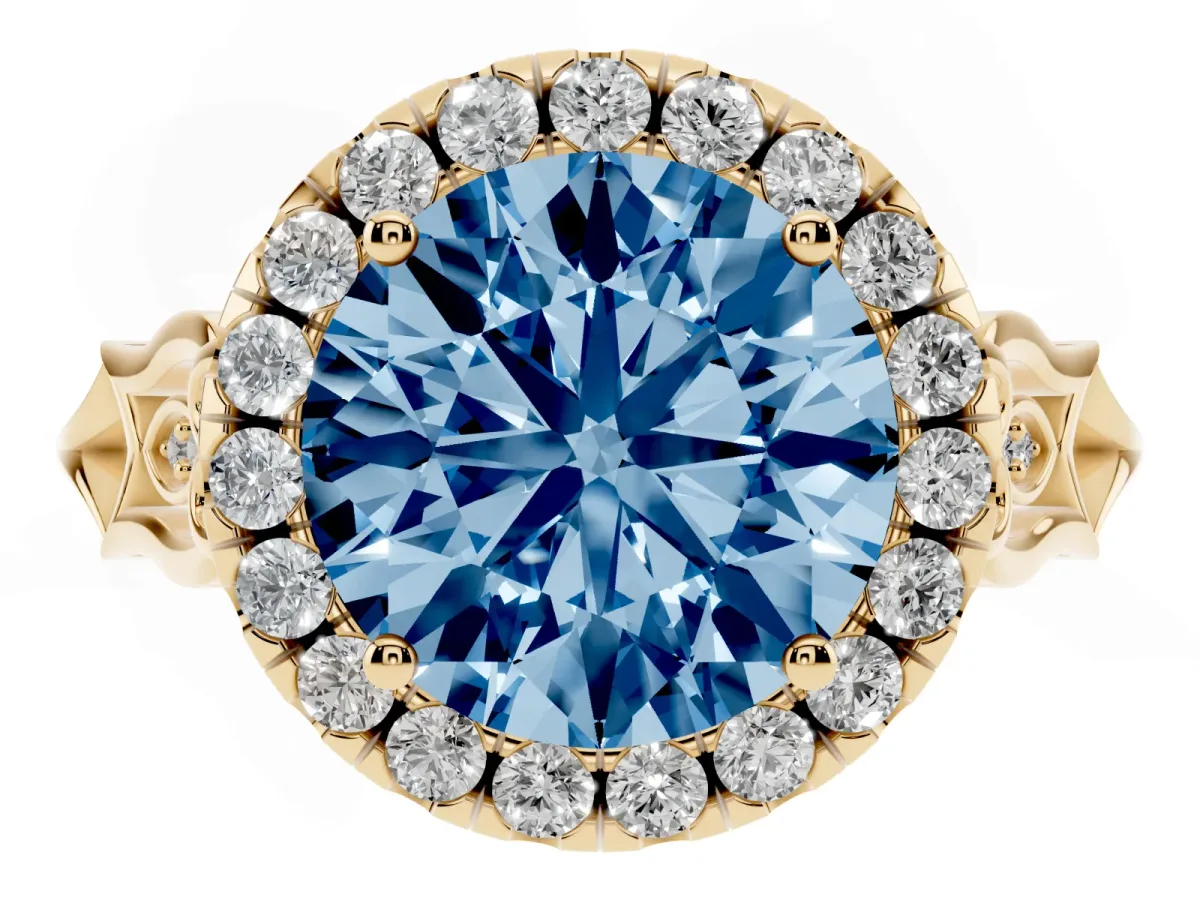 Fancy Blue Round Cut Halo Diamond Engagement Ring with Filigree Band and Four-Prong Setting Yellow gold