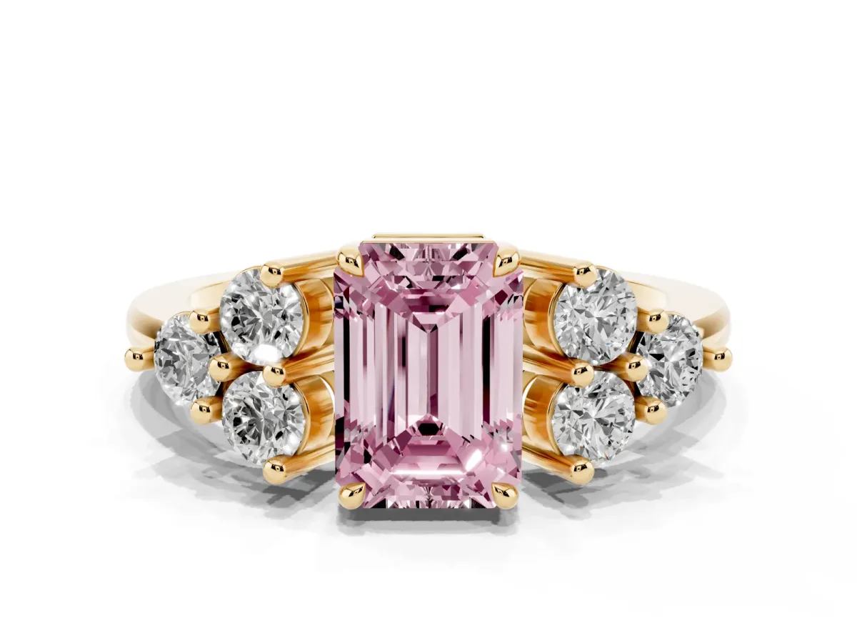 Fancy Pink Emerald Cut Brilliant Diamond Cluster Accent Solitaire Ring with Prong Setting Yellow gold