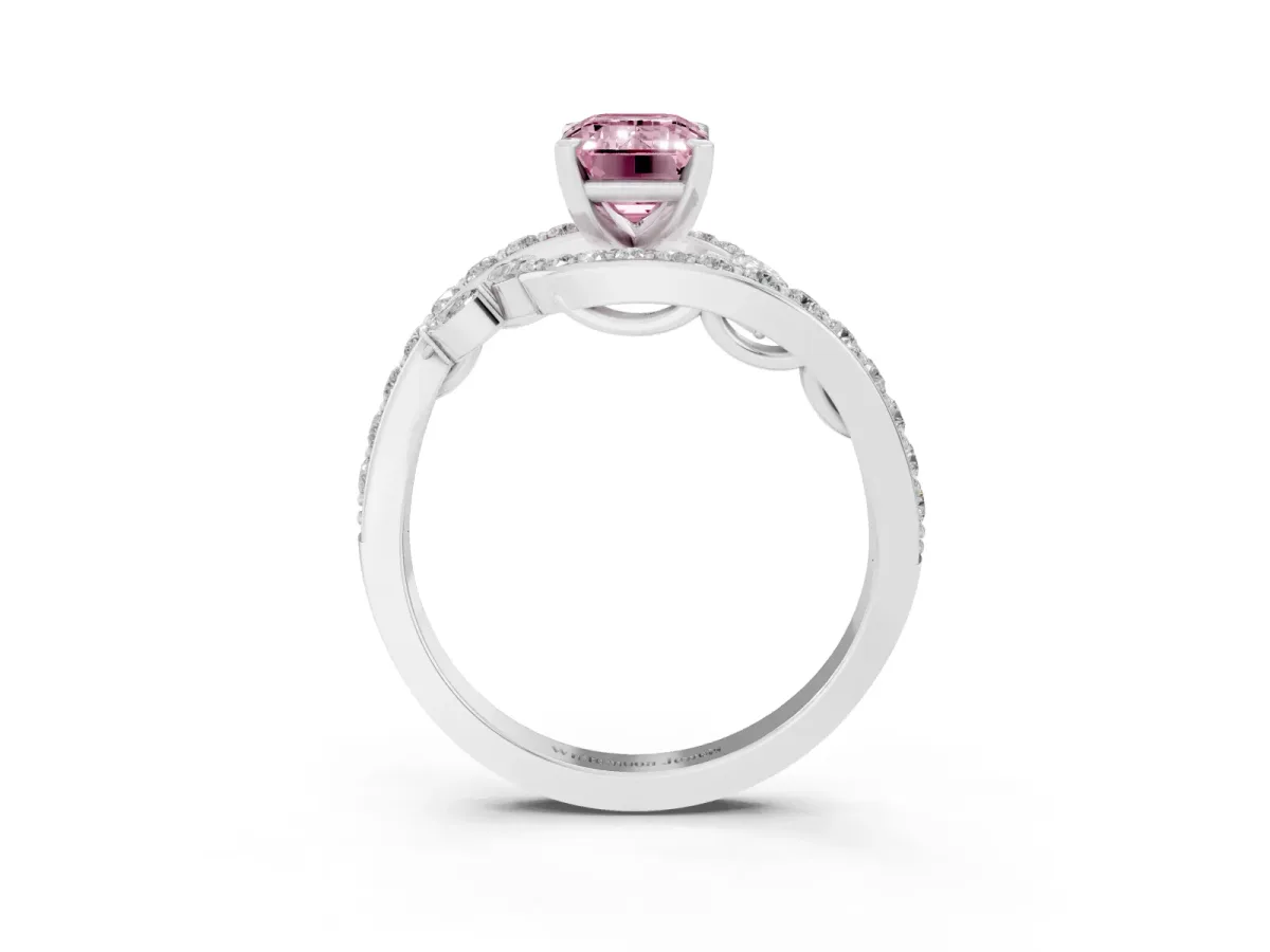 Fancy Pink Emerald Cut Solitaire with Pavé Twist Band and Four-Prong Setting Silver