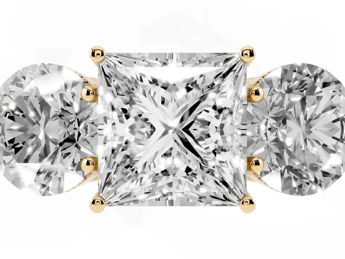 Three-Stone Princess Cut Diamond Engagement Ring with Prong Setting on a Classic Band Yellow gold