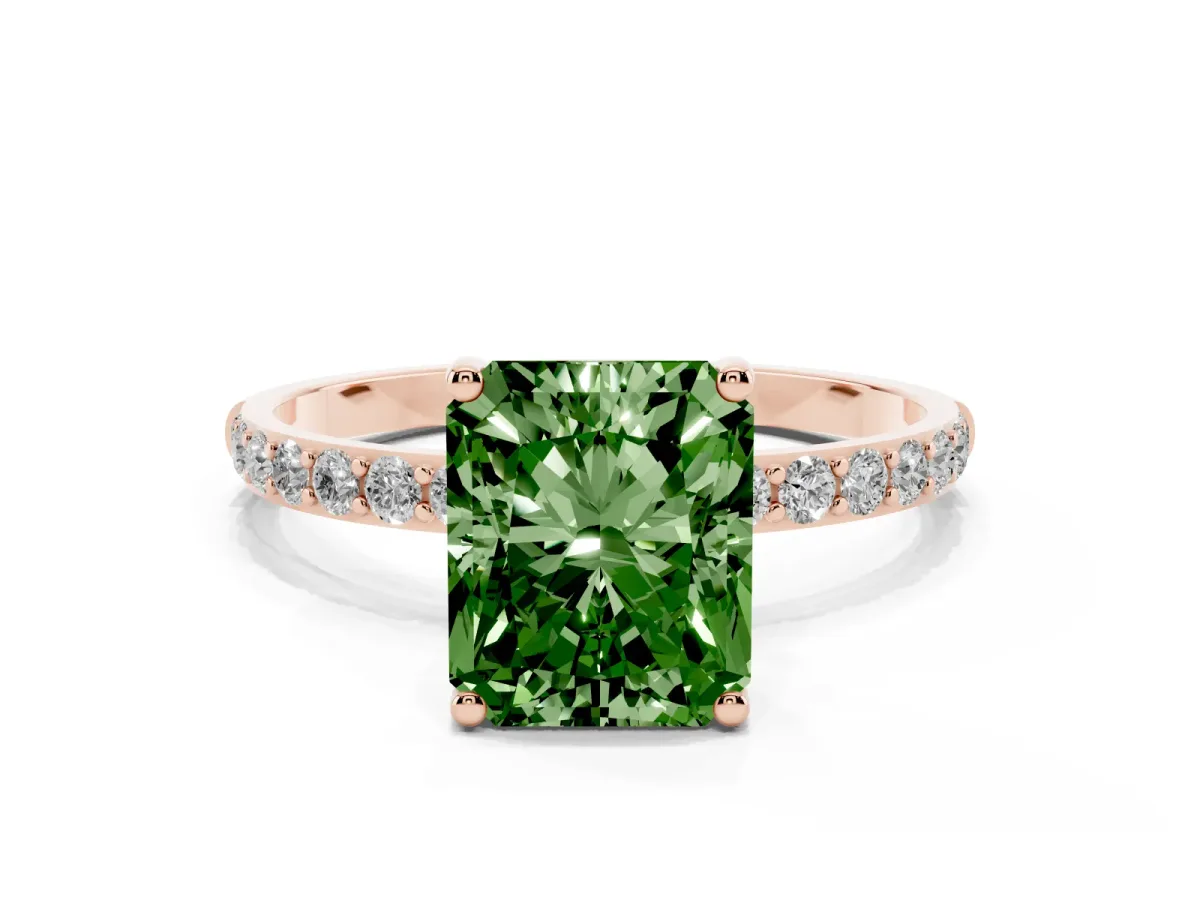 Fancy Green Radiant Cut Diamond Solitaire Ring with Round Pavé Shoulders and Prong Setting Rose gold