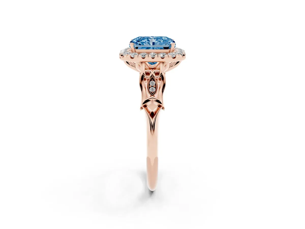 Fancy Blue Radiant Cut Halo Diamond Engagement Ring with Filigree Band and Four-Prong Setting Rose gold