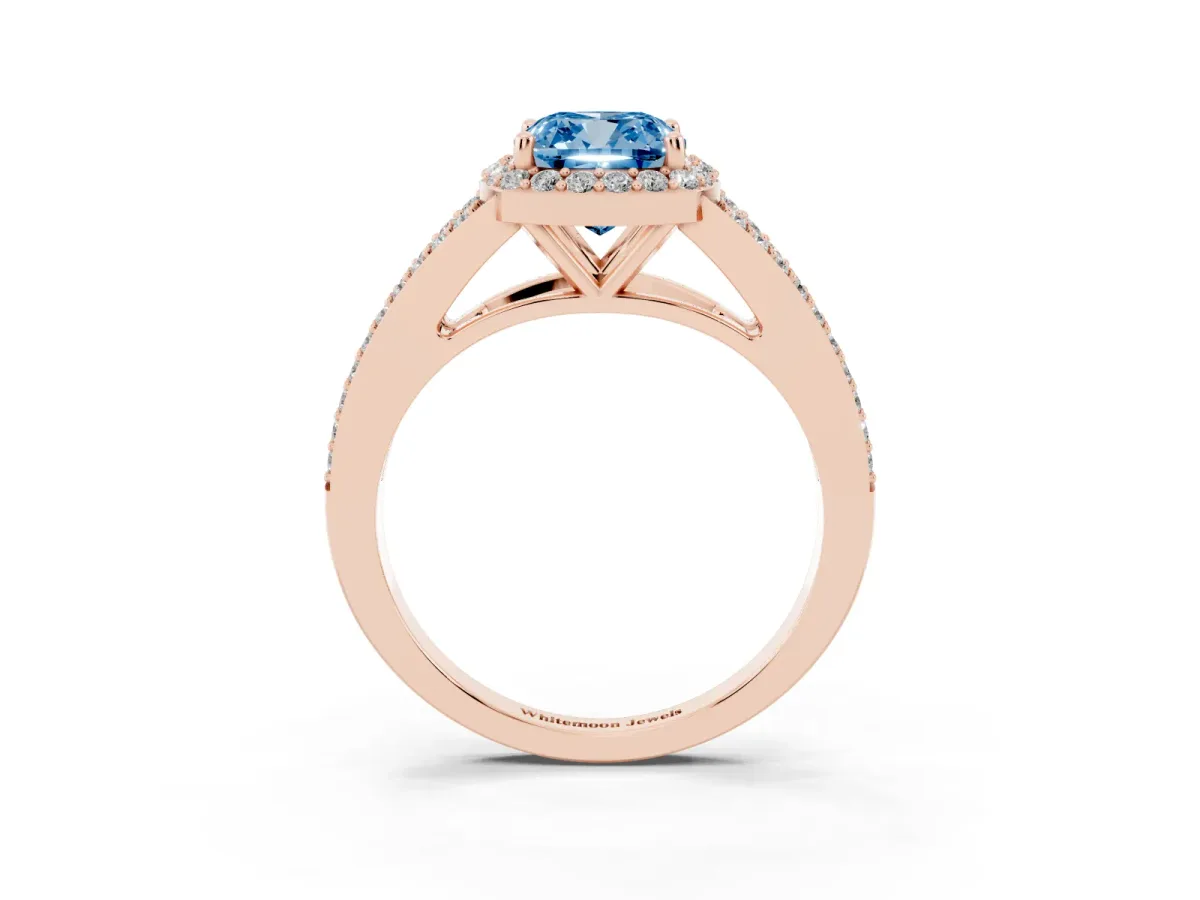 Fancy Blue Cushion Cut Halo Split Shank Diamond Ring with Prong Setting Rose gold