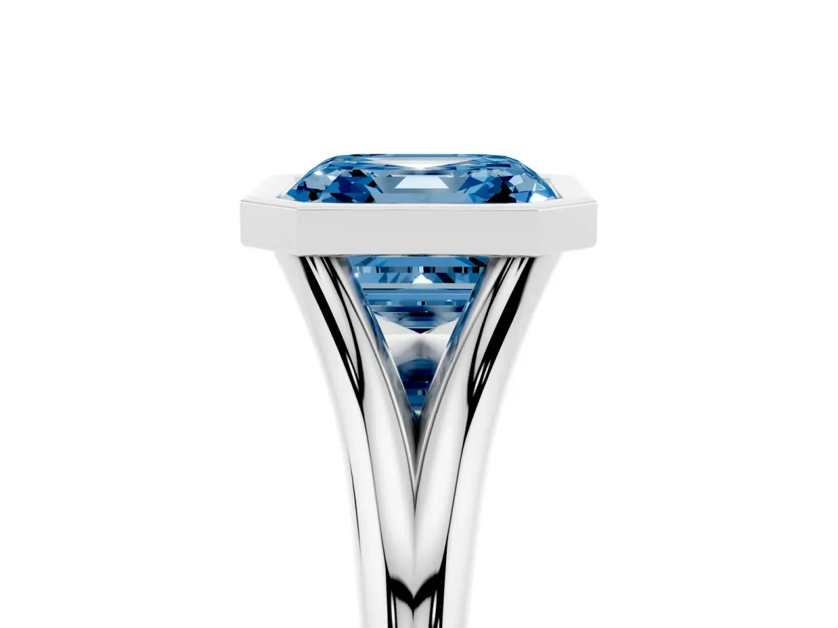 Fancy Blue Bezel Set Asscher Cut Cut Solitaire Ring with Tapered Band Silver
