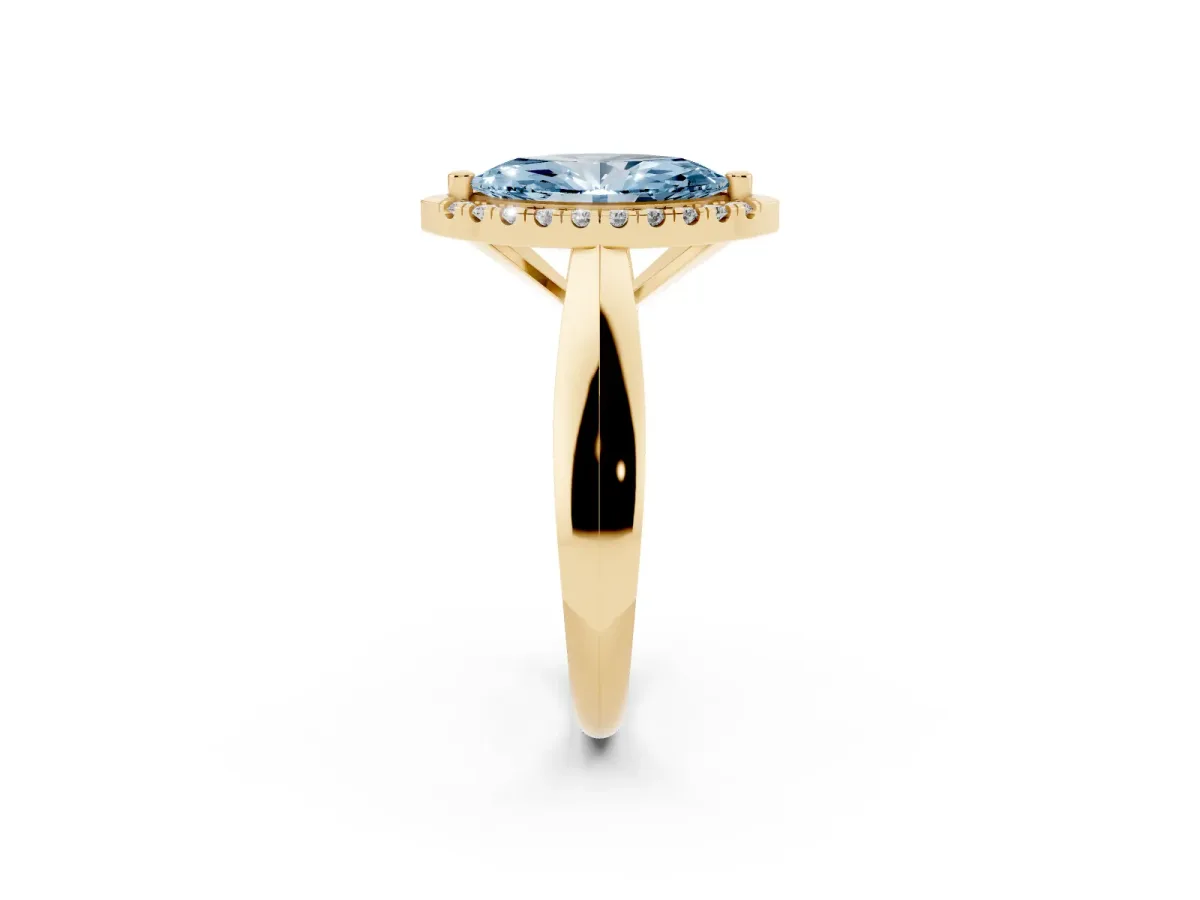 Fancy Blue Marquise Cut Cut Halo Solitaire Engagement Ring with Square Band and Four-Prong Setting Yellow gold