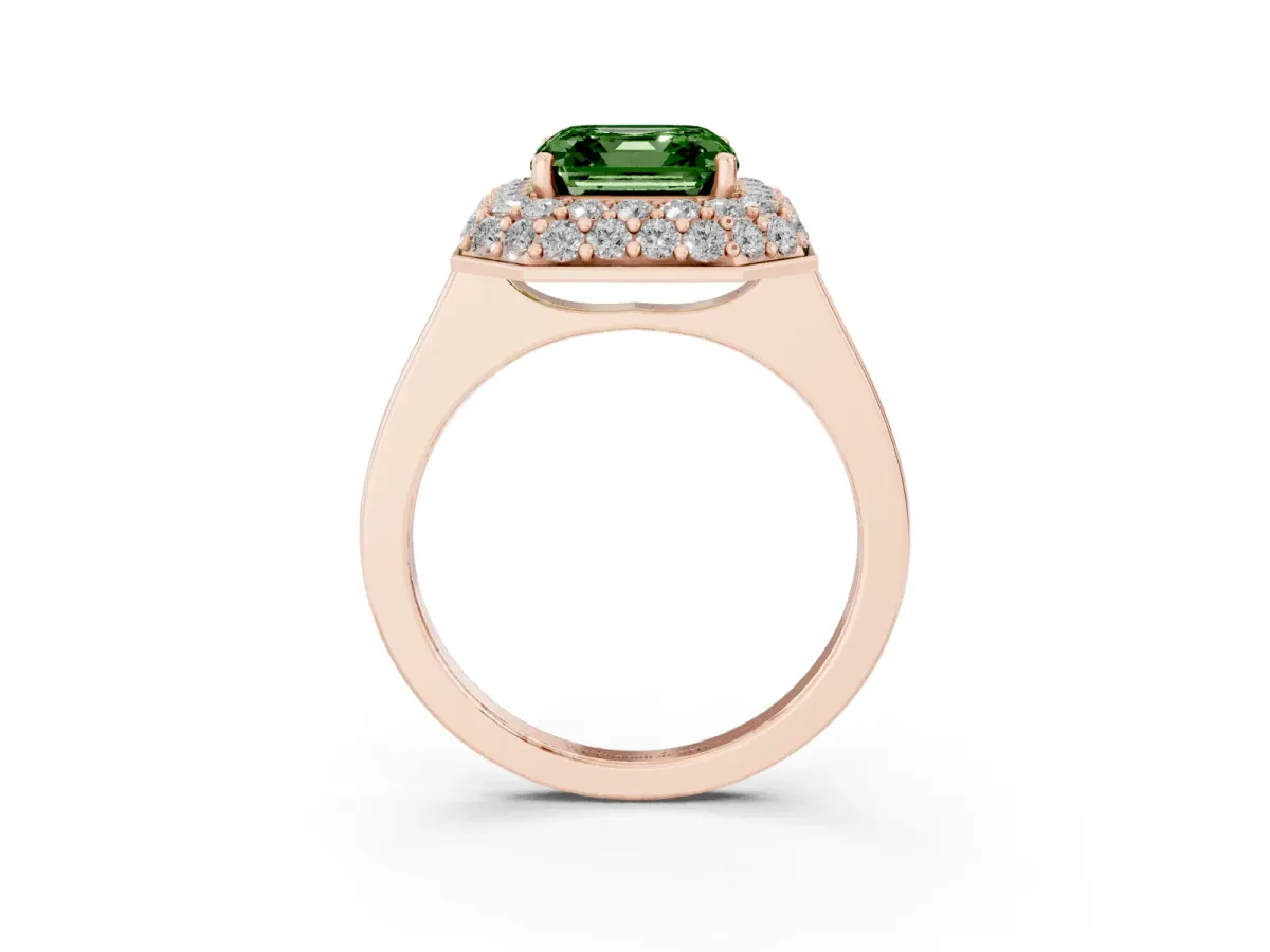 Fancy Green Asscher Cut Halo Diamond Engagement Ring with Solitaire Band and Four-Prong Setting Rose gold