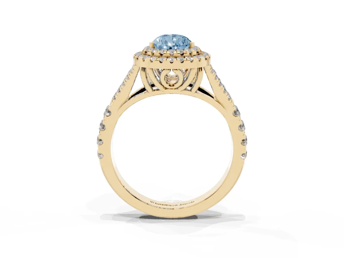 Fancy Blue Pear Cut Cut Double Halo Split Shank Diamond Ring with Prong Setting Yellow gold