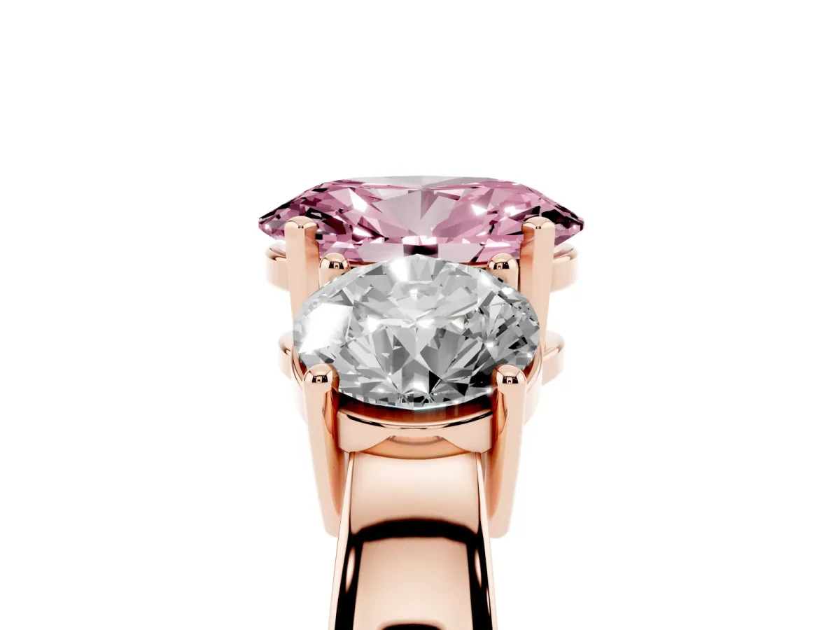 Fancy Pink Three-Stone Oval Cut Diamond Ring with Round Side Stones, Classic Band, and Four-Prong Setting Rose gold