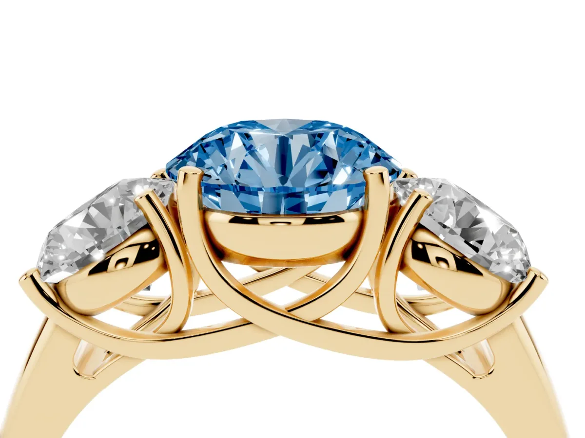 Fancy Blue Three-Stone Round Cut Diamond Engagement Ring with Prong Setting Yellow gold