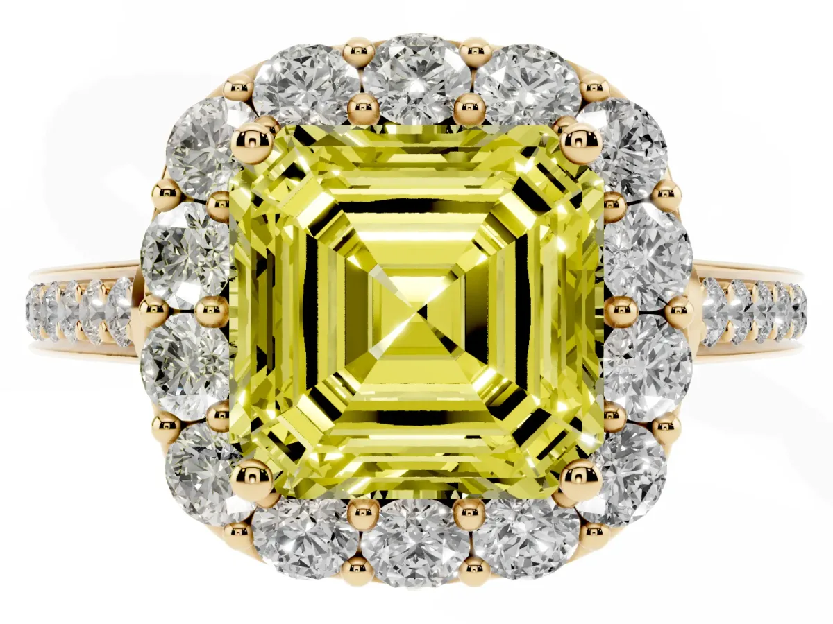 Fancy Yellow Asscher Cut Diamond Floral Halo Ring with Pavé Band and Prong Setting Yellow gold
