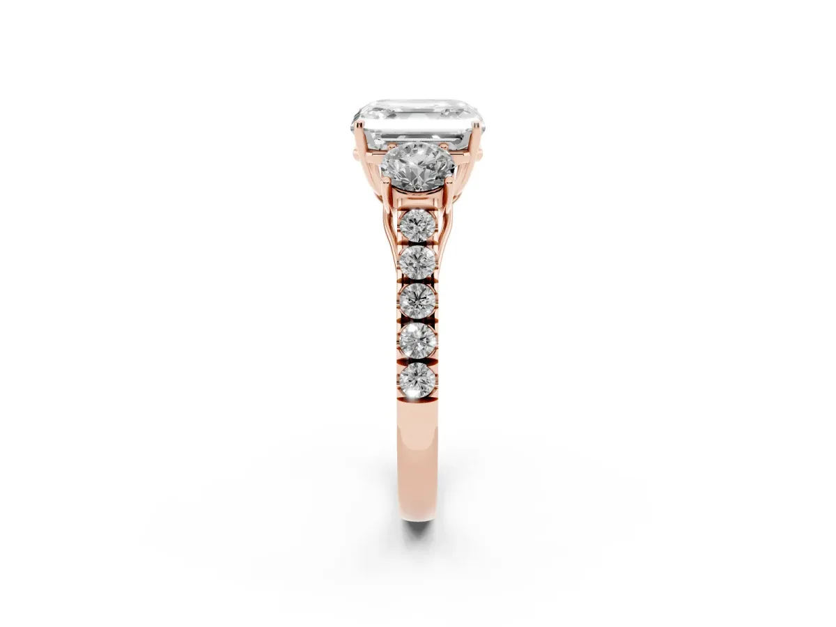 Asscher Cut Cut Diamond Three-Stone Ring with Round Side Stones and Pavé Band Rose gold