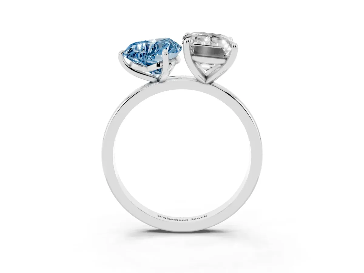 Fancy Blue Heart Cut and Emerald Cut Toi Moi Ring with Prong Setting Silver